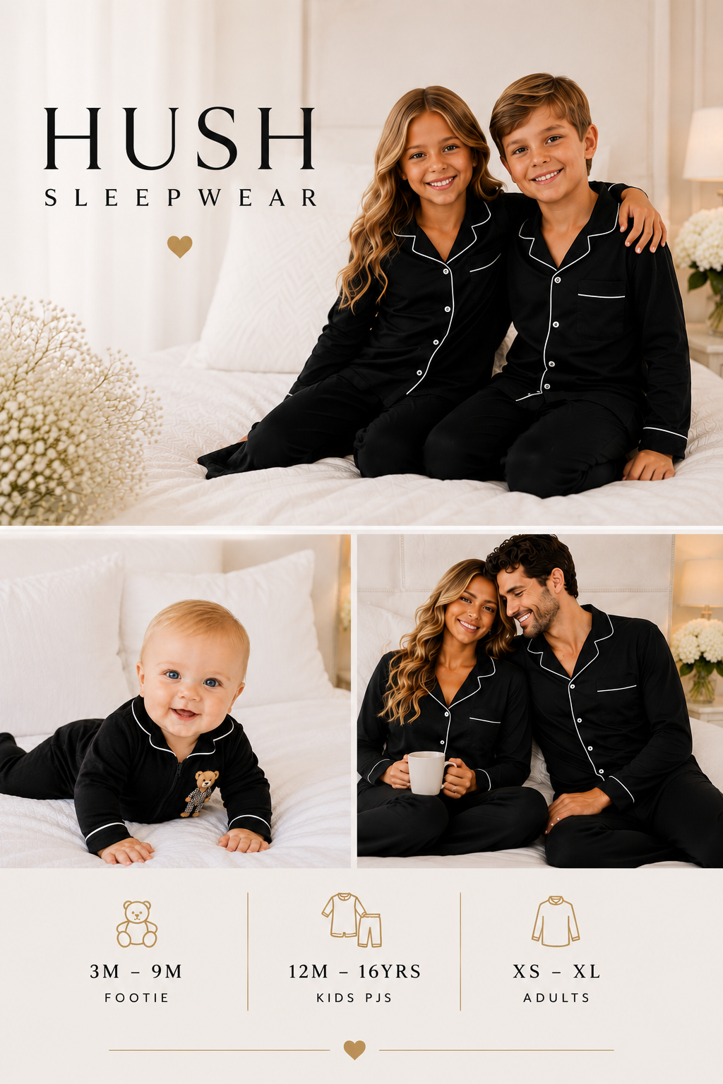 ** 2026 Hush sleepwear bamboo cotton 2pc pajama- black 12m-14yrs