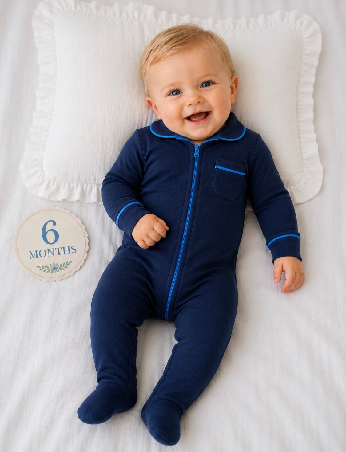 Hush sleepwear bamboo cotton footie - navy blue with bright blue trim 3m 6m 9m